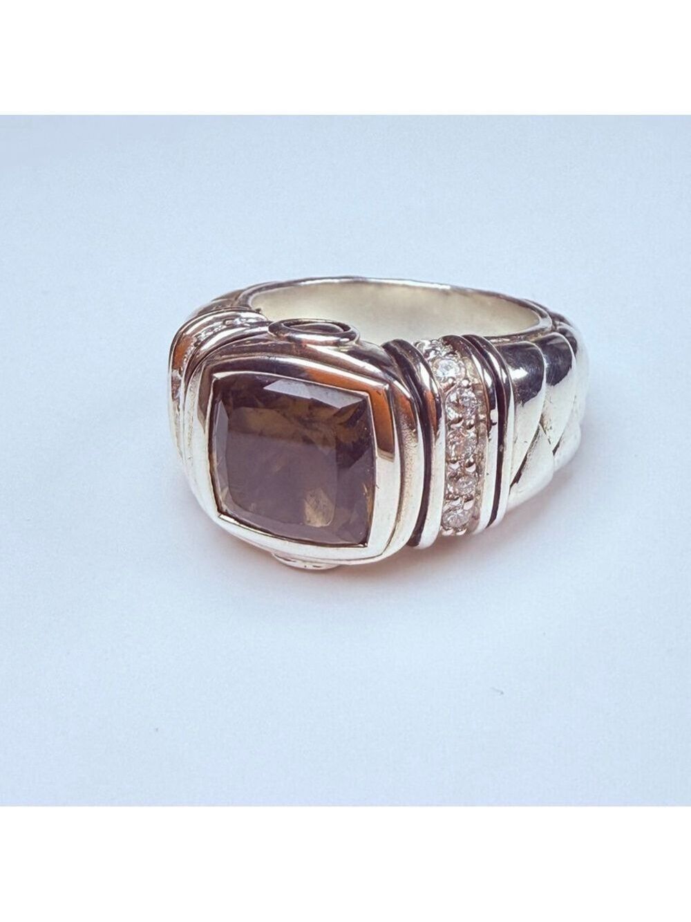 Scott Kay Cushion Smoky Quartz & Diamond Sterling Silver 925 Basket Weave Ring - Picture 3 of 12